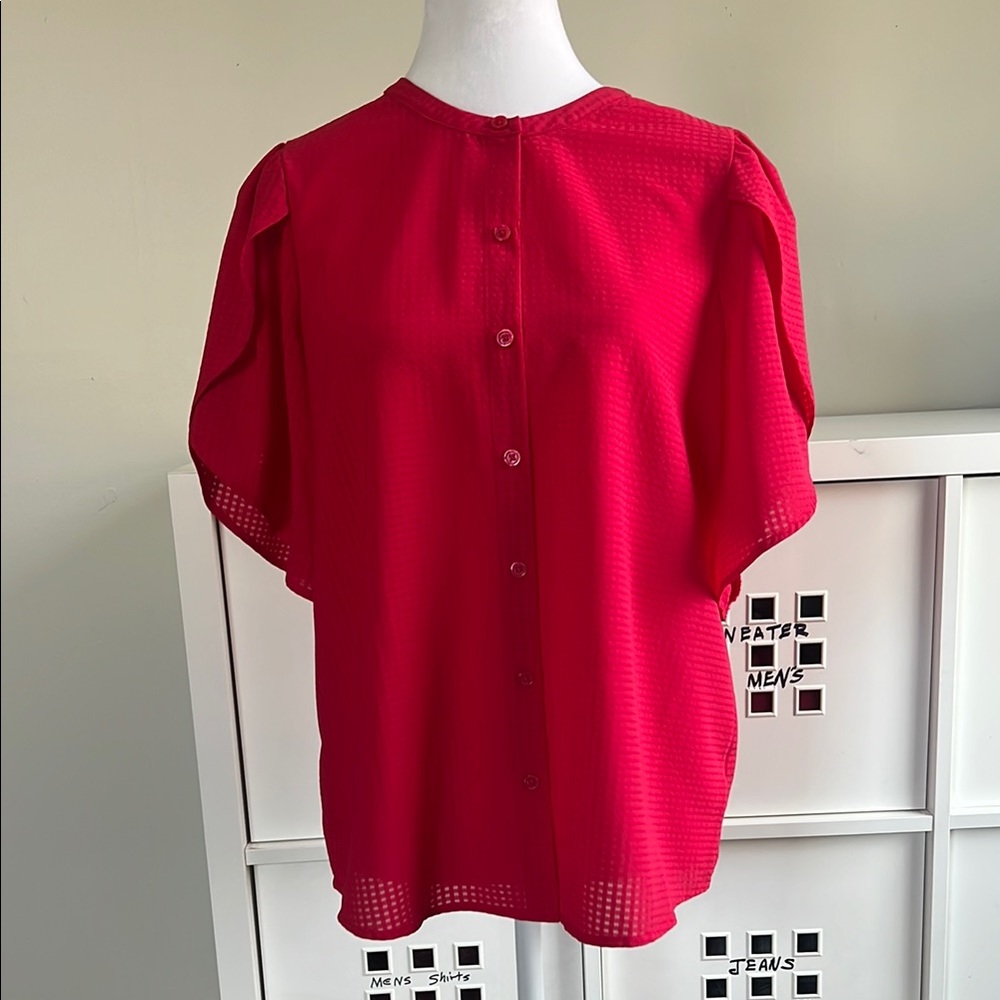 Who‎ What Wear Red Textured Gingham Button Up Tulip Sleeve Blouse Size Small